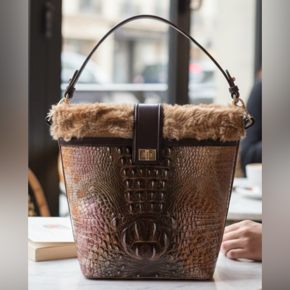 Brahmin Shira Genuine Shearling & Croc Embossed Leather Bucket Bag NWT